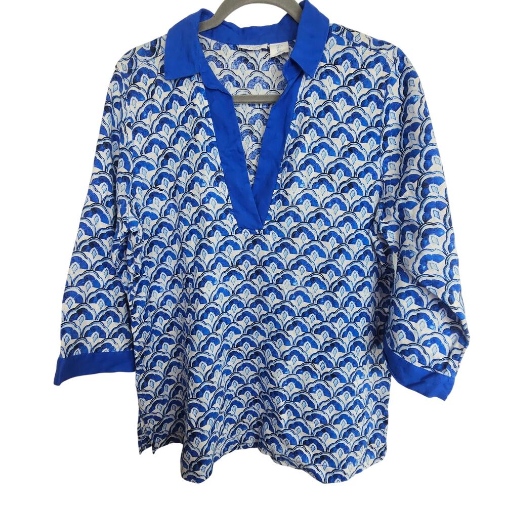 Sigrid Olsen Women 100% Linen Geometric Tunic L Geometric Coastal Grandma Resort